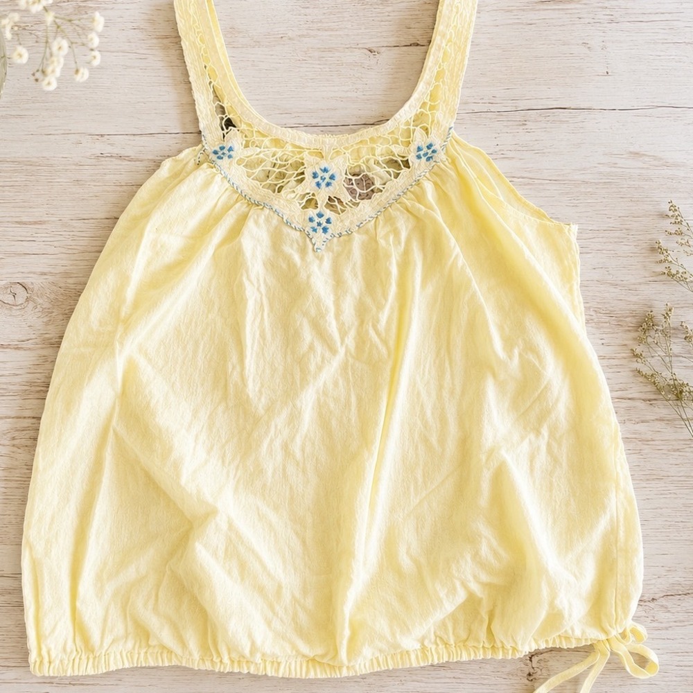 Free People Yellow Crochet Lace Tank Top Embroidered Boho Sleeveless Medium